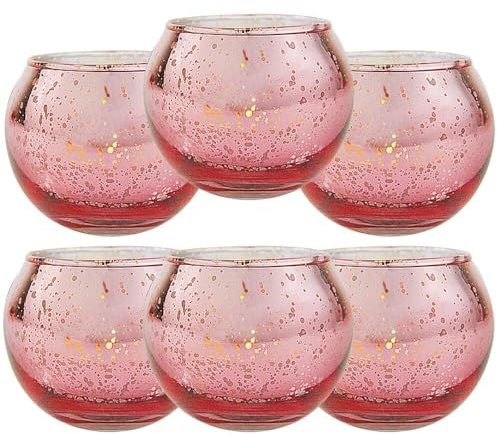 Dekorative Teelichthalter aus Glas, Türkis mit Sprenkel-Effekt, Runde Kerzenhalter, 6er Set, 5 x 5,1 x 5,6 cm (Rosa)