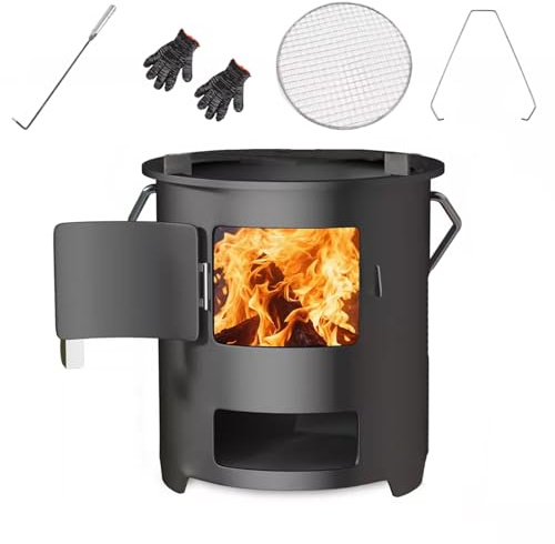 Poêle À Bois Portable Extérieur En Acier Laminé Froid Robuste, Gril Amovible Et Poignée, Design Compact Pour Camping, Jardin & Campagne, Multi-Combustibles(36 * 36 * 28cm)