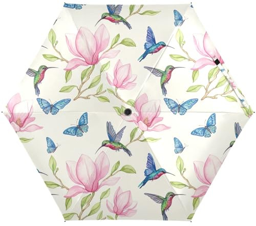 RPLIFE Blue Butterfly Bird Pink Flower Umbrella for Sun, Lightweight Durable Sun Umbrella Uv Protection Travel Size for Women, Travel Umbrellas for Sun
