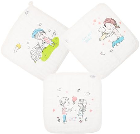 IWOWHERO Toallitas para Bebés 3 Piezas de Algodón 30X30 CM Paños Cuadrados Absorbentes para Saliva y Manos Toallas Multiusos Infantiles Estampado de Fútbol Ñiño y Corazón