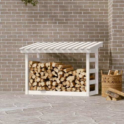 Mokuyary Étagère à bois de chauffage blanche - 108 x 64,5 x 78 cm - En pin massif - Étagère en bois de chauffage - Pour bois de chauffage - Étagère de rangement pour bois de chauffage