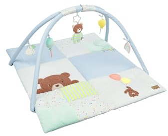 Sterntaler Spielbogen Bär Bob, Baby-Spielbogen mit Patchwork-Design, Stickmotive, Spiegel, Rassel, Quietsche und Knisterpapier, abnehmbarer Bogen und Spielteile, wattiert, 100×80×3 cm, bunt