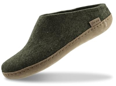 GLERUPS Slip On Slippers Women and Men (Green) | Unisex Slip-on Wool Slippers with Leather Sole | Comfy Slippers Women Men | Cosy Gents and Ladies Slippers