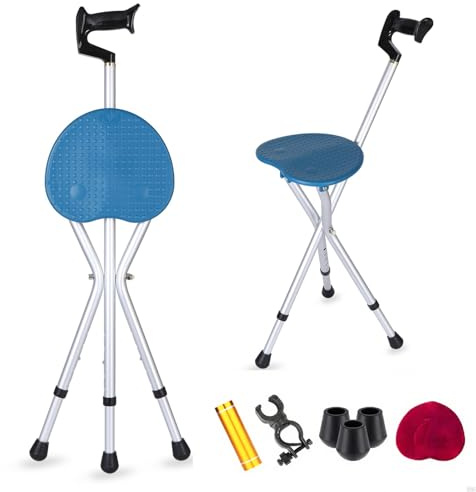 BSROZKI Canne de Marche avec siège Pliant Capacité de 440 kg réglable avec sièges pour Tabouret épais en Alliage d'aluminium Marron avec lumière LED.