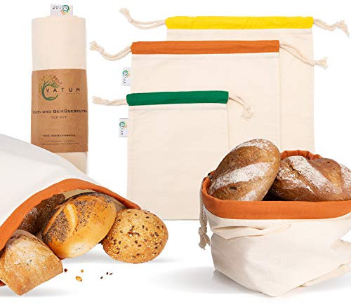 Vatum Set di 3 sacchetti per il pane in cotone biologico – Sacchetti per frutta e verdura per Zero Waste con e-book – sacchetto per il pane ecologico con coulisse – Sacchetti di cotone riutilizzabile