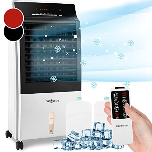 OneConcept 4-in-1 Air Cooler, Fan, Humidifier, Purifier and Ioniser w/ 2x Ice Packs, 8L, Remote Control, 9H Timer, 360 m³/h, 65W Aircon Room Cooler for Homes & Offices, Portable Air Conditioning Unit