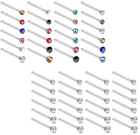 BigTree 60 Pack Nose Studs Stainless Steel Screw 20G Nose Rings Zirconia Piercing Pin Crystal Nose Bars Straight Body Jewelry Nose Bone Ball End Multicolor Gife Package for Women Mother Girls