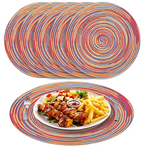 NAKIHOUSE Tischsets Abwaschbar Rund Geflochten Platzsets 6er Set | 38cm Rund Platzsets Abwischbar, Rutschfest, Hitzebeständig Schmutzabweisend Platzdeckchen für Hochzeit, Restaurant, Küche