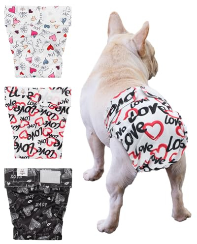 CuteBone Washable Dog Diapers Female No Tail Hole 3 Pack Reusable Doggie Period Training Pants for Docked-Tail Frenchie French Bulldog Boston Terrier Without Tail WWD03M