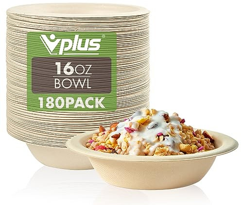 Vplus 180 Pack 16 OZ Paper Bowls, Disposable Compostable Bulk, Eco-friendly Bagasse, Heavy-duty Bowls Perfect for Milk Cereals, Snacks, Salads