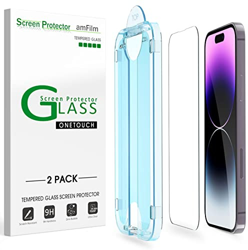 amFilm Easiest Installation OneTouch for iPhone 14 Pro [6.1 Inch] Screen Protector Tempered Glass, Auto-Alignment Tech, Bubble Free and Full Coverage Case Friendly, Anti-Scratch 2 Pack