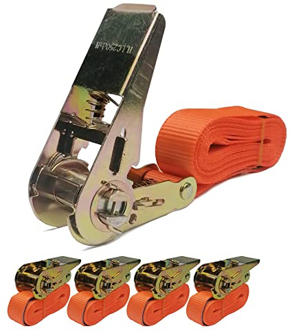 4 Stück Spanngurte mit Ratsche / 500Kg 4m – Einteilige Zurrgurte - 500 daN – Ratschen Gurt Signal Orange - Ladungssicherung (25mm x 4m)