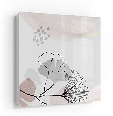 DEQORI Schlüsselkasten weiß | 30x30 cm | Motiv Dekorativer Gingko-Banner | Glas & Metall Schlüssel-Box | Schlüsselschrank mit 50 Haken + 2 Magnete | Moderne Design Box magnetisch & beschreibbar