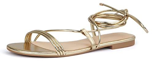 PARTY Women's Strappy Sandals Lace Up Flats Tie Up Open Toe Ankle Strap Shoes, Gold, 8