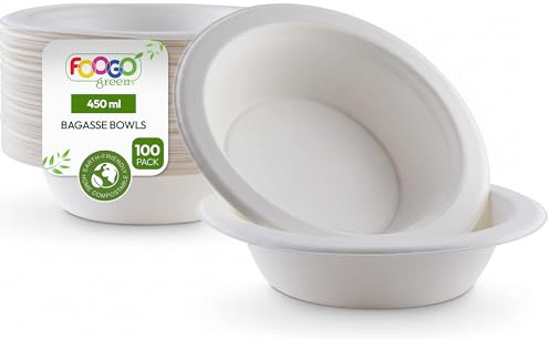FOOGO Green Einwegschalen aus Zuckerrohr-Bagasse, Mittel 450 ml, Ø 18 cm, 100 Stück, für Suppe, Salat & Desserts, biologisch abbaubar, wie Bambus, Holz & stabile Papierschale für heiße Speisen