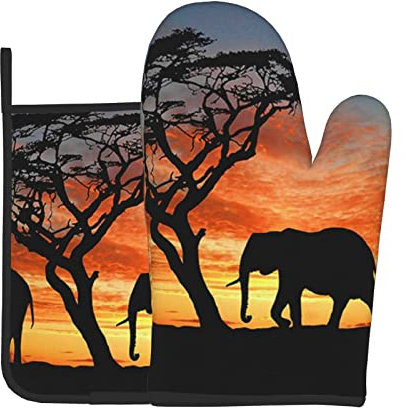 Hitzebeständige Ofenhandschuhe und Topflappen, 2 Stück, Afrikanischer Elefant bedruckt, rutschfeste, wasserdichte Ofenhandschuhe zum Backen Kochen Grillen