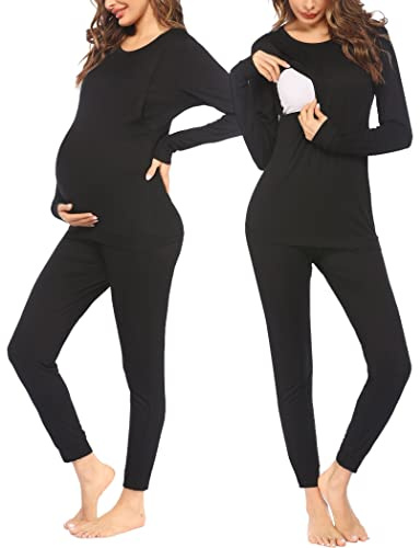Ekouaer Premamá Pijama Conjunto Ropa de Dormir Invierno Pijama para Embarazadas y Lactancia Cálidos Cuadros de Rayas, Negro, L