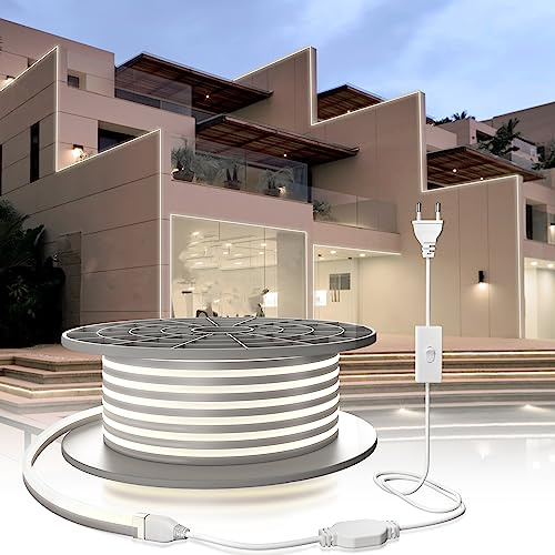 YOODI Tira LED 220V Strip Light 50M Exterior y Interior Impermeable Neón Flexible IP65 120 LED/M para Dormitorio Bar Hotel Patio Jardín Escaleras, con Adaptador y Controlador