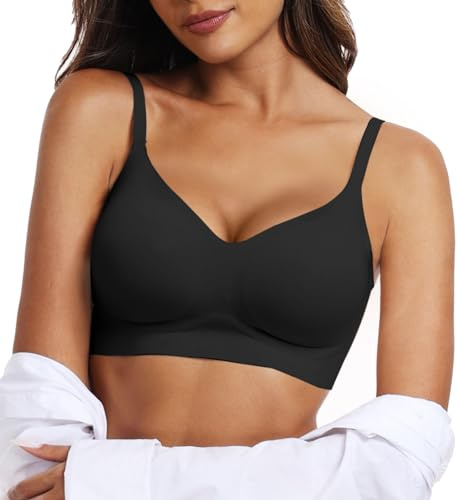 OEAK Push-up-BH für Damen, bequem, ohne Bügel, V-Ausschnitt, nahtloser BH, glatter Büstenhalter, Basic-BH, Schwarz, Large