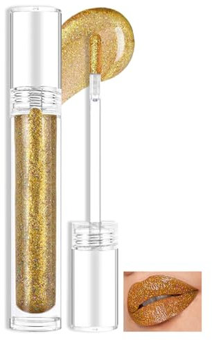 Prreal Glitter Lip Gloss, Shimmer Lip Plumper Gloss, Holographic Glitter Liquid Lipstick, Diamond Pearl Shine Lip Glaze, Non-Sticky Long Lasting Chameleon Laser Lip Eyeshadow Makeup(05 Golden)