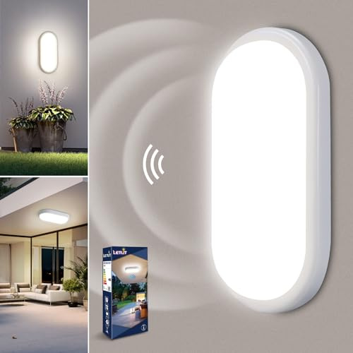 Letlit Lampe Detecteur de Mouvement Interieur, 18W 1800LM Plafonnier LED Ovale, 4000K Applique Murale Intérieure, IP54 Plafonnier Salle de Bain, Lampe Exterieur pour Garage Couloir Cave Balcon