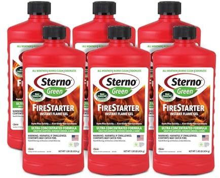 Sterno Charcoal Lighter Fluid, Fire Starter Gel for Pellet Stoves, BBQ Grilling, Campfire, Ethanol Clean Burning Instant Flame - Ultra-Concentrated, All-Weather for Indoor & Outdoor - 6-Pack, 16oz