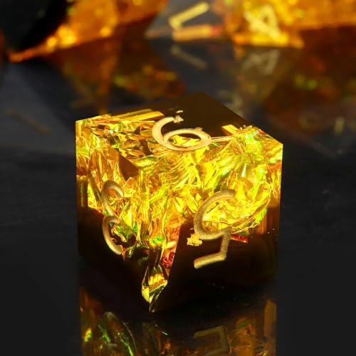 Haxtec DnD-Würfelset mit scharfen Kanten, Kunstharz, Gelb / Schwarz, glitzernd, polyedrisch, kompatibel mit Dungeons and Dragons Fire Dice