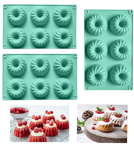 Firavggu Lot de 3 mini moules à kouglof en silicone - 6 capacités - Petits moules à kouglof - Revêtement antiadhésif - Pour gâteaux, muffins, brownie pudding (vert)