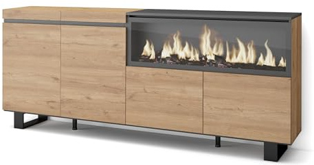 Skraut Home | Buffet Salon et Cuisine | Meuble de Rangement, Commode | 210 | 4 Portes | Cheminée électrique XXL | Design Industriel | Style Moderne | Chêne
