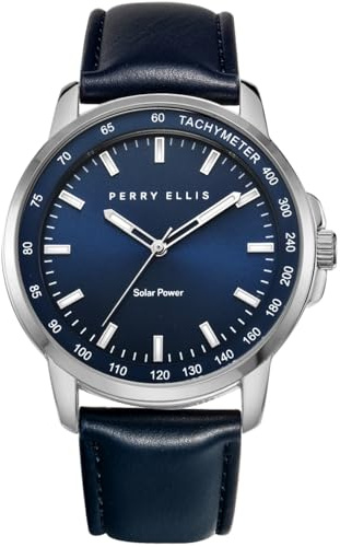 Perry Ellis Solar Powered Mens Watch | Vegan Leather Water-Resistant Analog Wrist Watches for Men | 43mm Case | Aluminum Tachymeter Bezel | Elegant Gift for Man (Navy)