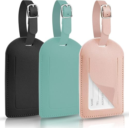 Hengxinc Luggage Tags,3 PCS Leather Suitcase Tags with Adjustable Strap | Personalised Tripp Tag, Name Tags for Suitcases Travel, Privacy Protection Cover for Preventing Loss of Luggage Baggage Bag