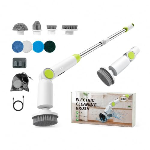 BioAura Electric Spin Scrubber, IPX7 Waterproof Cordless Electric Cleaning Brush with 8 Brush Heads, Extendable Long Handle Rechargeable Scrubber for Bathroom, Tiles, Kitchen, Floor
