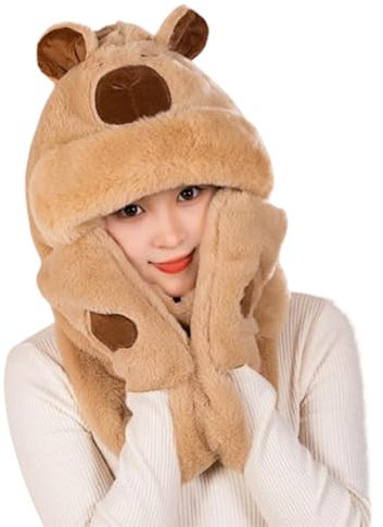 Janurium Kapuzenschal,Kapuzenschal Winter, Capybara warme Mütze mit Fäustlingen, Langer Schal, Schal, Winter-Hoodie, Mütze, Schal, Handschuhe, Set für Männer und Frauen