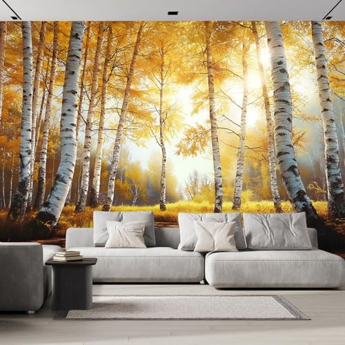 3D Panoramique Murale De Forêt Bouleaux D'Automne Papier Peint Tissu de soie Pour Salon Chambre Enfant Chambre Décoration,Feuilles Jaunes Tombées Murale Moderne Poster Tableaux Photo Muraux 300×210cm