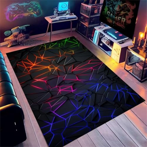PEIHUODAN Gaming Teppich Jugendzimmer Bereich Teppich Gamer Jungen Kinder Modernes Design Neon Vision 3D Druck Gaming Teppich Kinder Zimmer Deko Anti-Rutsch-Fußmatten (Rot und Blau,100x120cm)