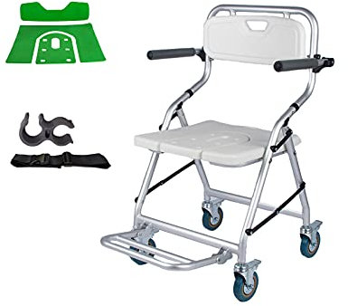 ASumPio Toilettenhocker, Tragbarer Badestuhl Mit Rückenlehne, Armlehne, 120 Kg Tragkraft, Rollstuhl, Zusammenklappbarer Stuhl Mit Rollen, Duschhocker, Breite 41 cm, Höhe 46,White