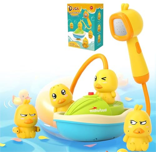 Juguetes Baño Bebe,Bañera Juguetes Bebés con Cabezal de Ducha, 3 Juguetes baño de Pato +Cabezal Ducha Desmontable Patito para Bebés+Bomba de Agua Eléctrica con Barco,Juguetes Bañera para Bebés
