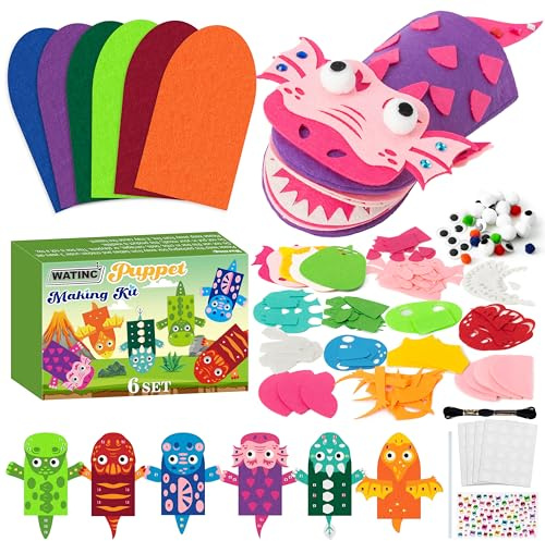 WATINC 6pcs Felt Handpuppe DIY Art Craft Set, Kunsthandwerk gefühlt Socke Puppet Spielzeug, kreative DIY machen Sie Ihre eigenen Pompoms Wiggle Googly Augen Storytelling Party Supplies (Dinosaurier B)