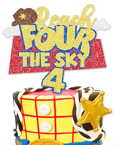 Glitter Reach Four the Sky Birthday Cake Topper Cartoon Story 4th Bday Decorations Blue Sky Clouds 4th Birthday Party Supplies for Boys