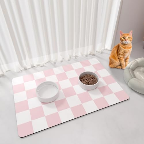 BLESWIN Haustier Fütterungsmatte, 61x40,5CM Absorbierende Hundefuttermatte, Karierte Katzennapfmatten, Schnell Trocknende Hundewasserspender-Matten für Unordentliche Trinker, Rosa und Weiß