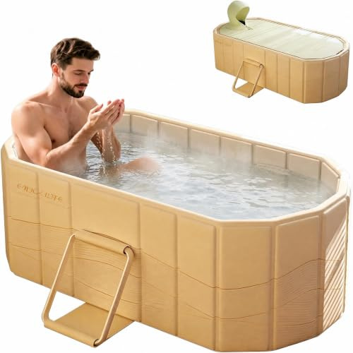 Gelory Faltbare Badewanne Erwachsene Mit Deckel 120x56x50cm Gold | 2in1 Eisbad & Warmwasser,Tragbar Mobile Badewanne Ideal für Heim-SPA, Outdoor & Indoor, Montagefrei