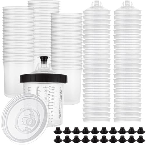 DAJAVE Lot de 50 gobelets de mélange de peinture jetables pour pistolets pulvérisateurs de peinture 600 ml avec système de couvercle pour apprêts, revêtements – avec 50 couvercles, 50 tasses, 20
