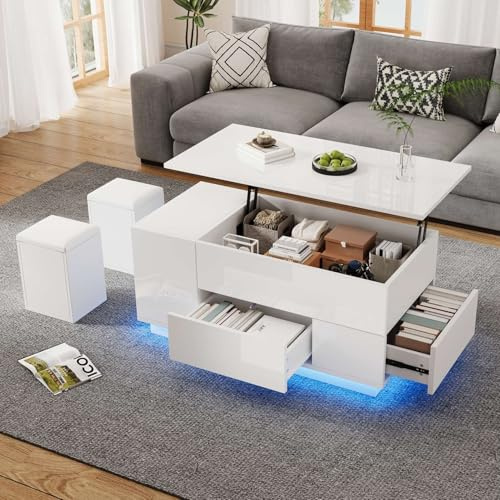 EURHCIO Table Basse Relevable 100 * 50 * 45cm,Table Basse Salon Blanche Moderne avec Plateau Déformable,Éclairage LED,2 Tabourets à Rangement,2 Tiroirs,Rangement Dissimulé(H-Blanc)