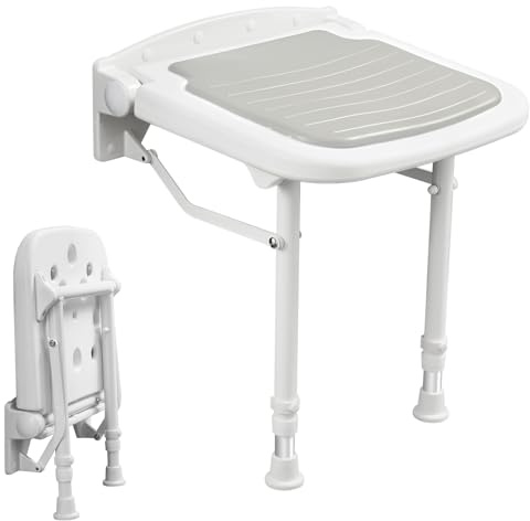 Easyvibe Folding Shower Seat Wall Mounted, 180kg (400lbs) Heavy Duty Wall Mount Shower Chair with Padded PU Cushion, 6 Adjustable Heights Fold Down Bath Bench for Seniors & Disabled
