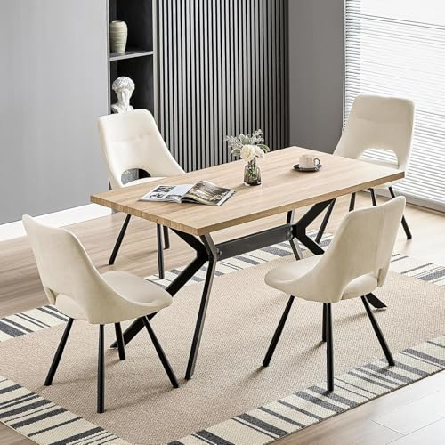 LEWE Essgruppen Esstisch mit 4 Stühlen, 140 x 80 x 76 cm Rechteckig Esstisch aus Holz mit 4 Esszimmerstühle, Gepolstert, Breitere Sitzfläche, Armlos, für Küche Esszimmer und Wohnzimmer,Beige