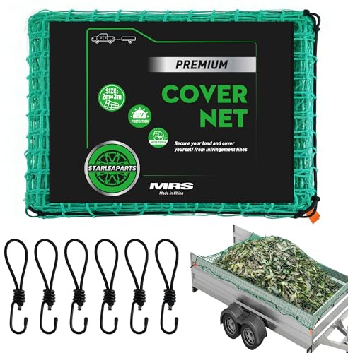 STARLEAPARTS Rete per rimorchio 2 x 3 m, rete di sicurezza del carico, camion e auto, con 6 ganci e corda in gomma, B/S: 780N, verde