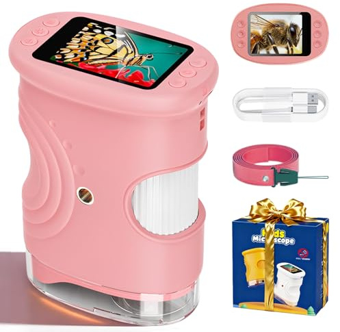 Microscopio per Bambini, 1000X Microscopio Digitale Elettronico Portatile, Schermo IPS 2.0'', 8 luci LED Regolabili, Regalo Bambino