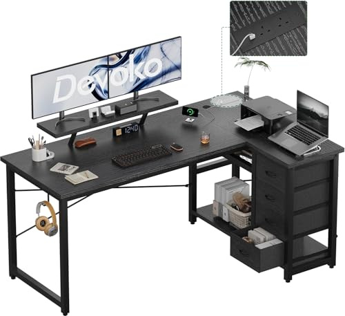 Devoko 140x80cm L Shaped Desk With 4 Drawers&Power Outlets, Computer Corner Desks with Reversible Large Storage Shelves Office Table With Monitor stand，Black