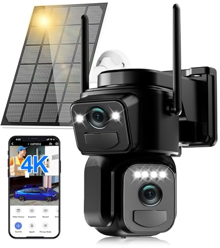 Abiso 4K Solar Security Camera Outdoor Wireless, 360° PTZ 5GHz/2.4GHz WiFi Cameras for Home Security with PIR Motion Detection, Auto Tracking, Siren, Color Night Vision, 2-Way Talk, 2 Lens, IP66