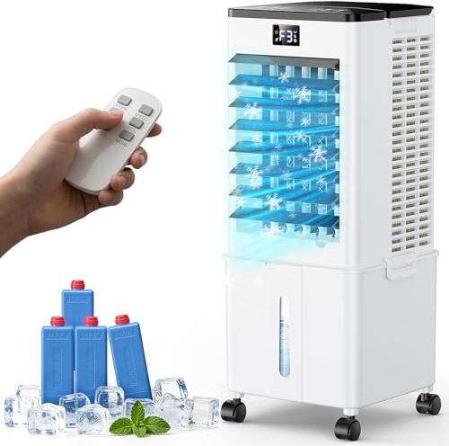 Klimagerät ohne Abluftschlauch 10L, 60W Klimaanlage Mobil 4-in-1, 12H Timer, klimaanlage ohne abluftschlauch 3 Modus, 120°Oszillation, Abnehmbare Wassertank, Tragbarer Luftkühler für Zuhause Büro